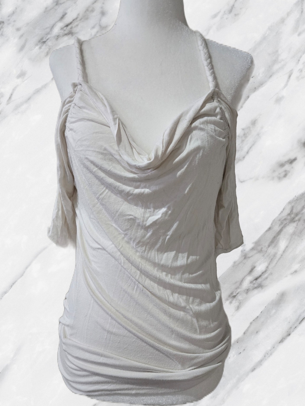 Guess White Cowl-Neck Cold-Shoulder Top with Braided Straps